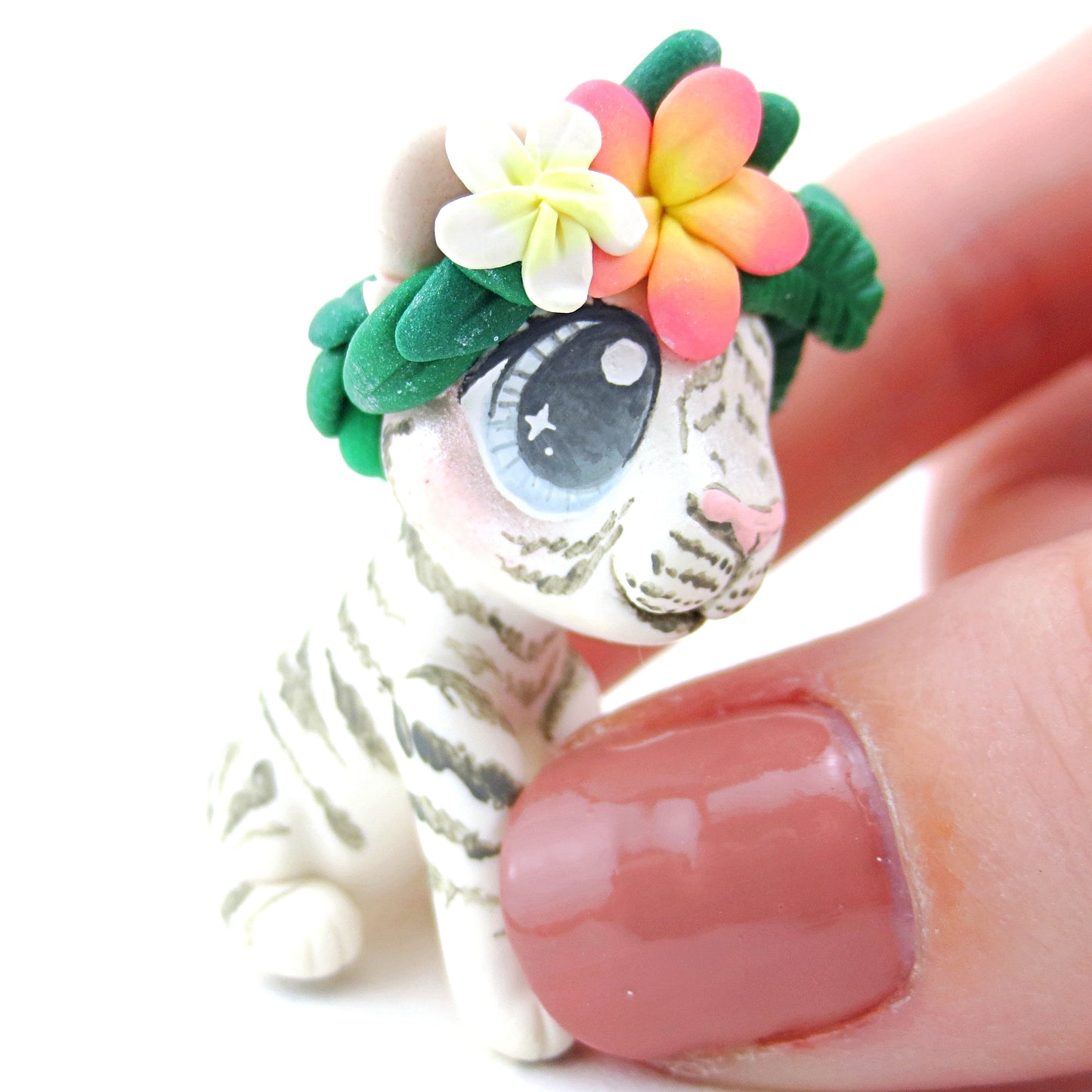 Flower Crown White Tiger Figurine - Polymer Clay Tropical Animals