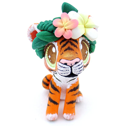 Flower Crown Baby Tiger Figurine - Polymer Clay Tropical Animals