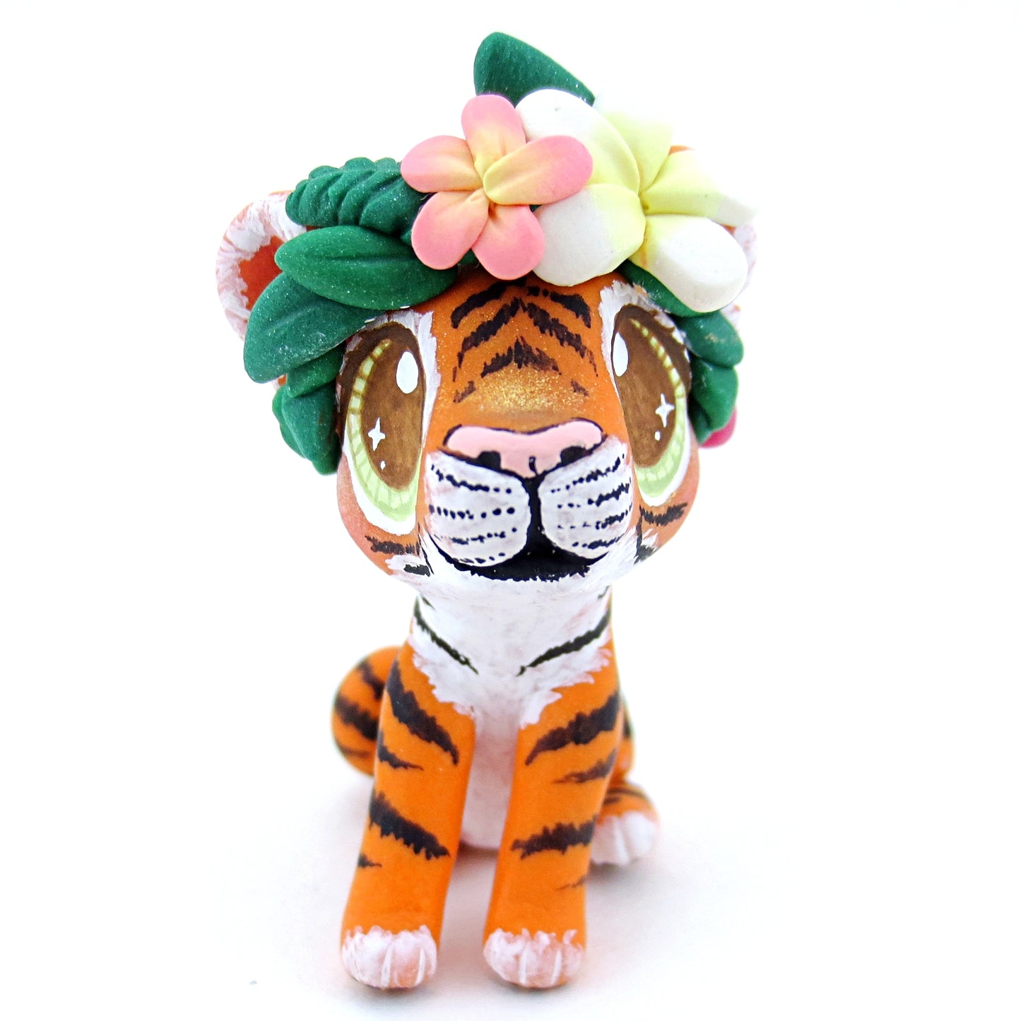 Flower Crown Baby Tiger Figurine - Polymer Clay Tropical Animals