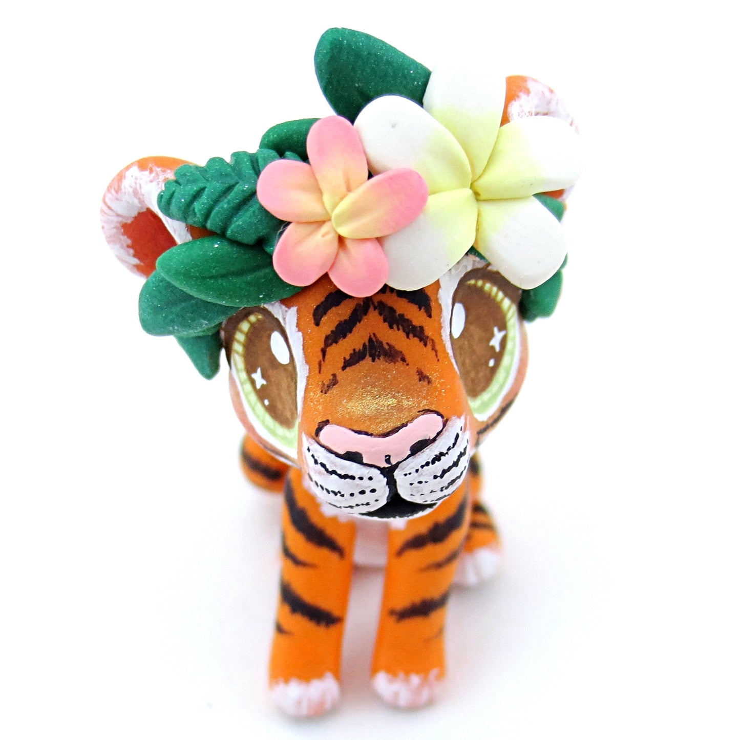 Flower Crown Baby Tiger Figurine - Polymer Clay Tropical Animals