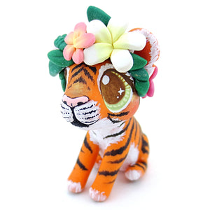 Flower Crown Baby Tiger Figurine - Polymer Clay Tropical Animals
