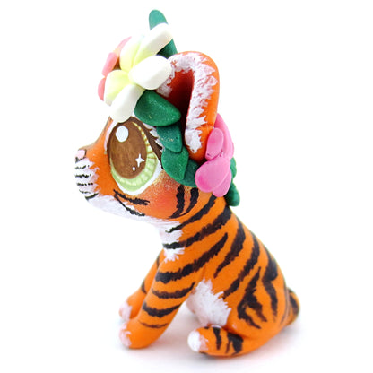 Flower Crown Baby Tiger Figurine - Polymer Clay Tropical Animals