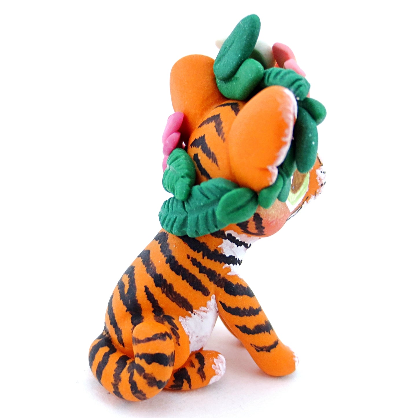 Flower Crown Baby Tiger Figurine - Polymer Clay Tropical Animals