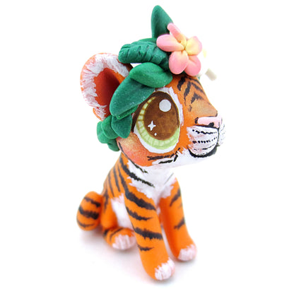 Flower Crown Baby Tiger Figurine - Polymer Clay Tropical Animals