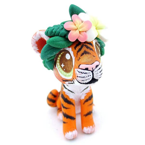 Flower Crown Baby Tiger Figurine - Polymer Clay Tropical Animals
