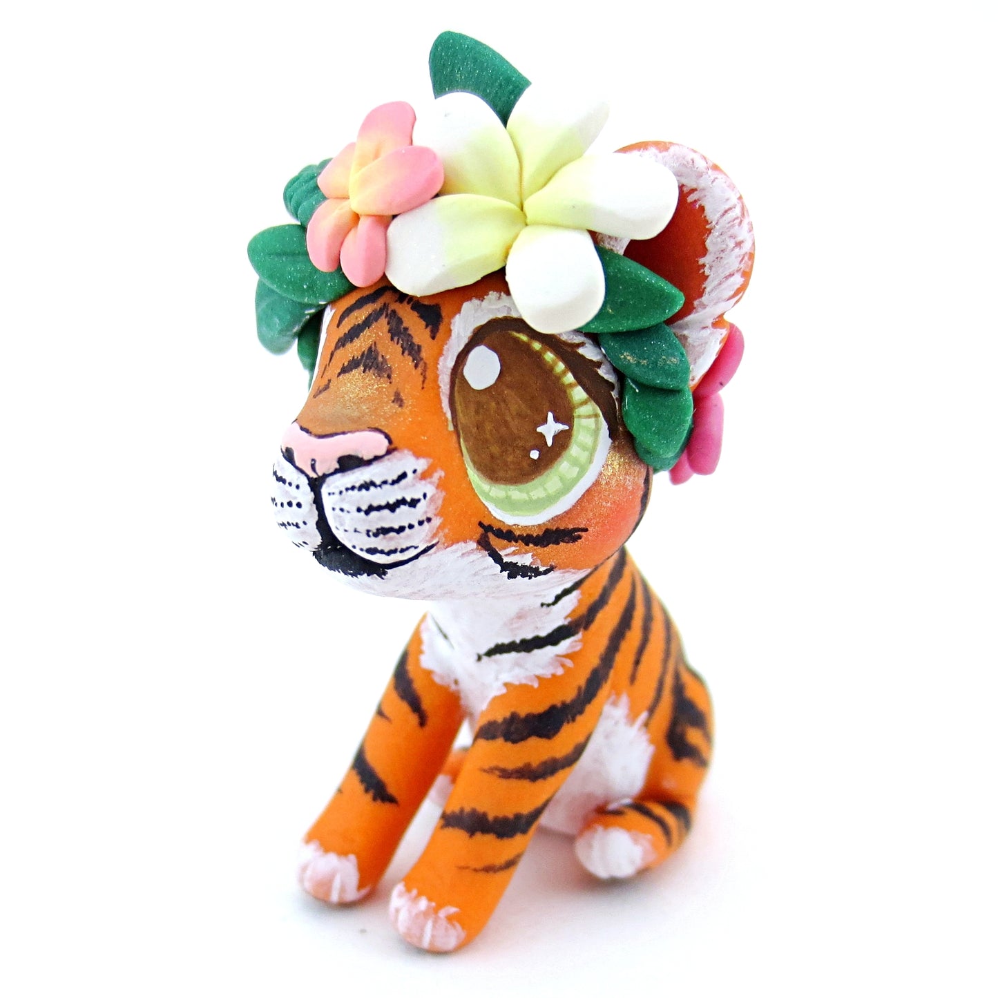 Flower Crown Baby Tiger Figurine - Polymer Clay Tropical Animals