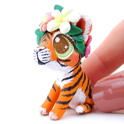 Flower Crown Baby Tiger Figurine - Polymer Clay Tropical Animals