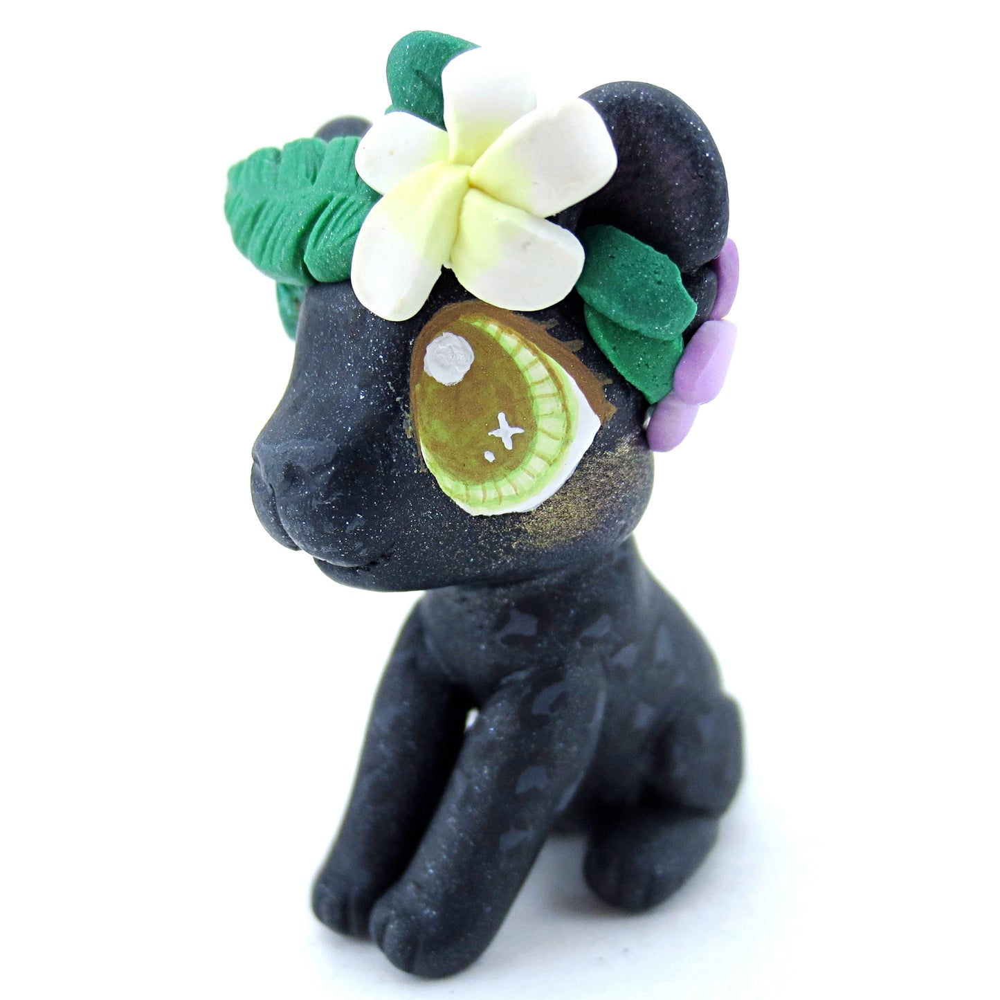 Flower Crown Black Panther Figurine - Polymer Clay Tropical Animals