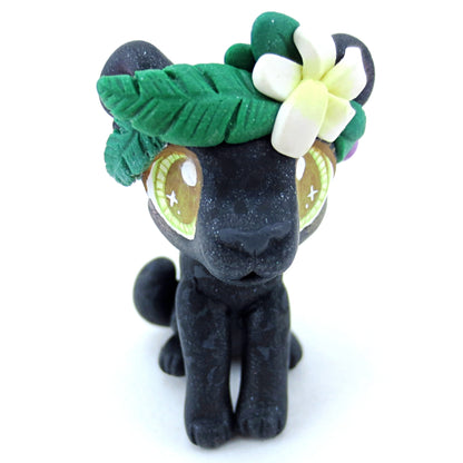 Flower Crown Black Panther Figurine - Polymer Clay Tropical Animals