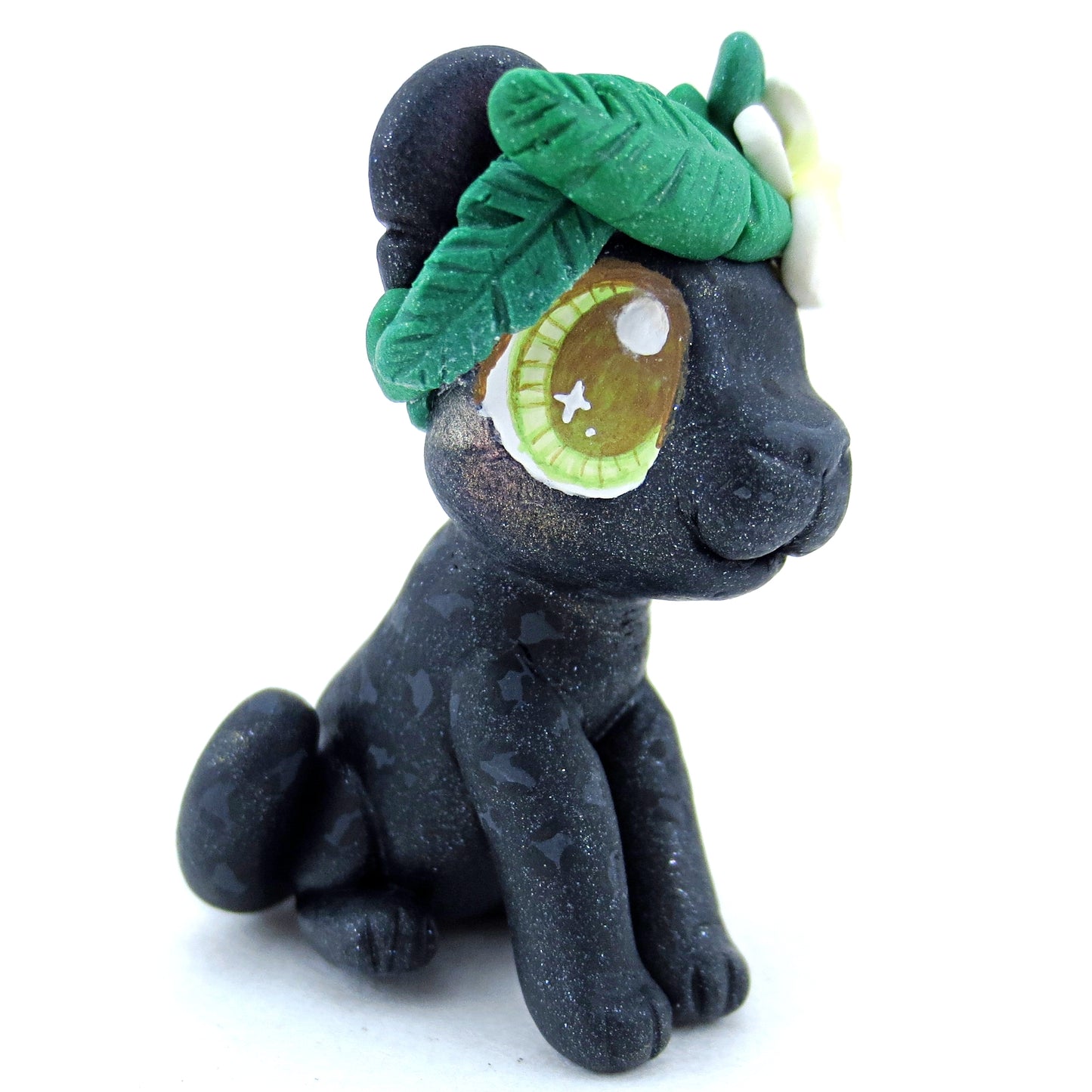 Flower Crown Black Panther Figurine - Polymer Clay Tropical Animals