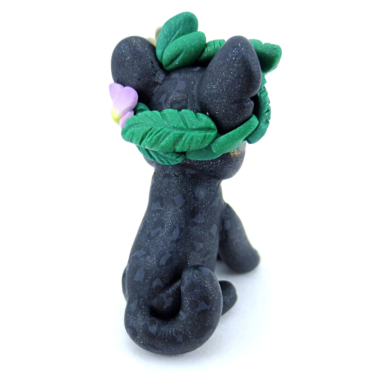 Flower Crown Black Panther Figurine - Polymer Clay Tropical Animals