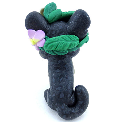 Flower Crown Black Panther Figurine - Polymer Clay Tropical Animals