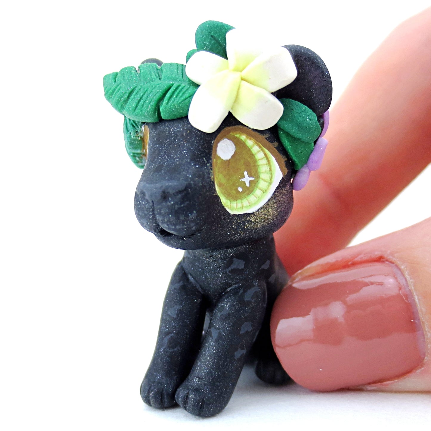 Flower Crown Black Panther Figurine - Polymer Clay Tropical Animals