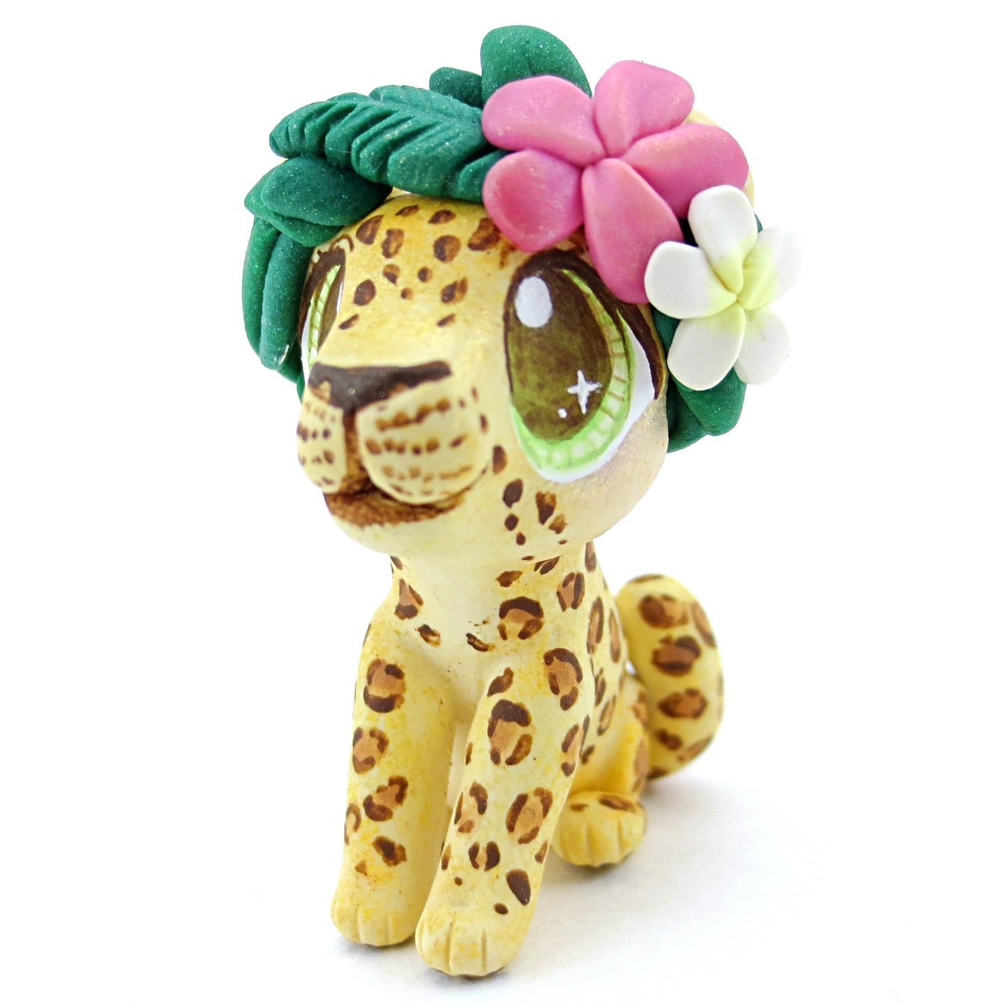 Flower Crown Leopard/Jaguar Figurine - Polymer Clay Tropical Animals