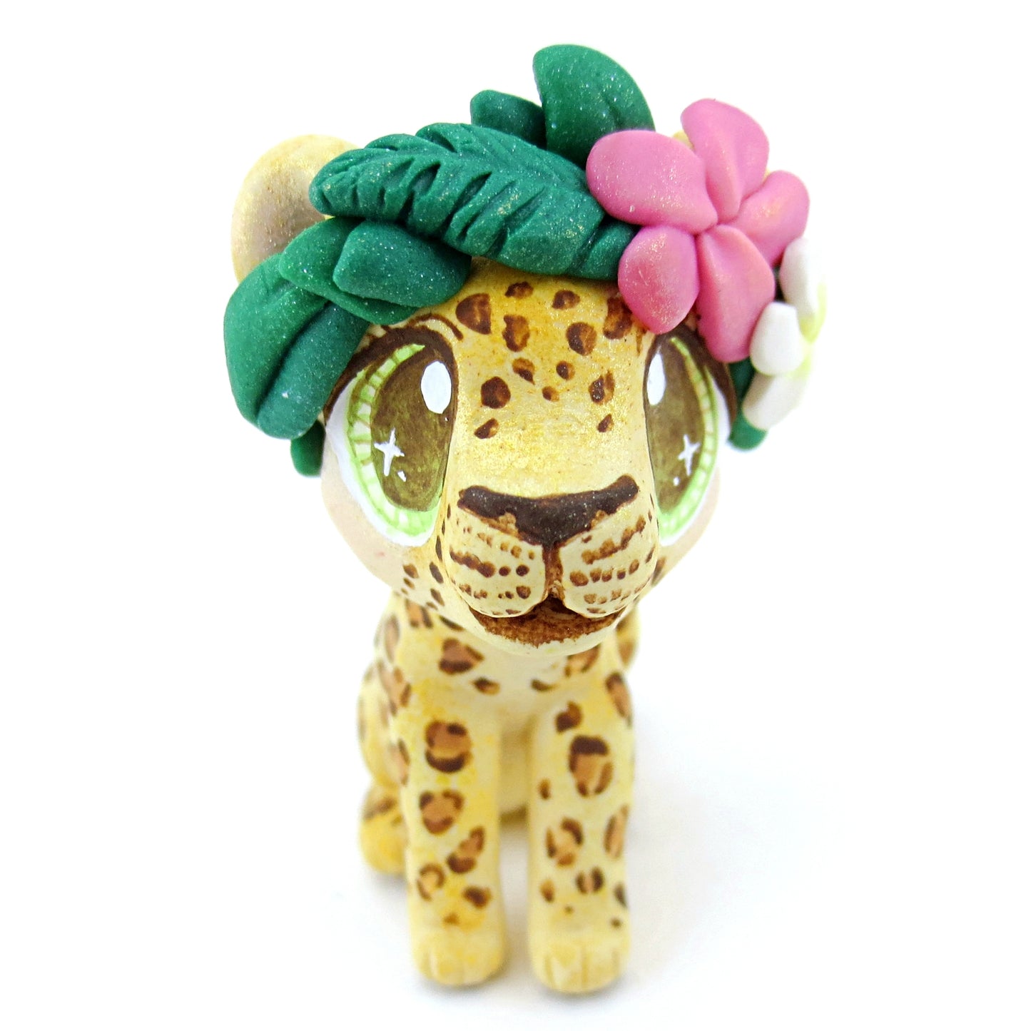 Flower Crown Leopard/Jaguar Figurine - Polymer Clay Tropical Animals