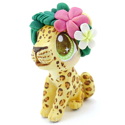 Flower Crown Leopard/Jaguar Figurine - Polymer Clay Tropical Animals