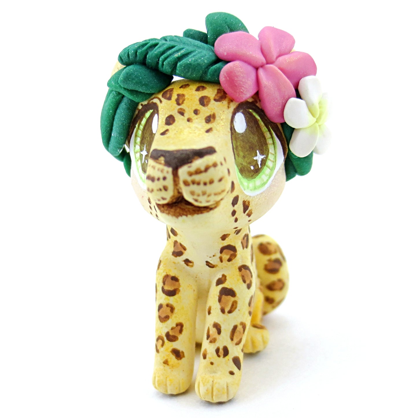 Flower Crown Leopard/Jaguar Figurine - Polymer Clay Tropical Animals