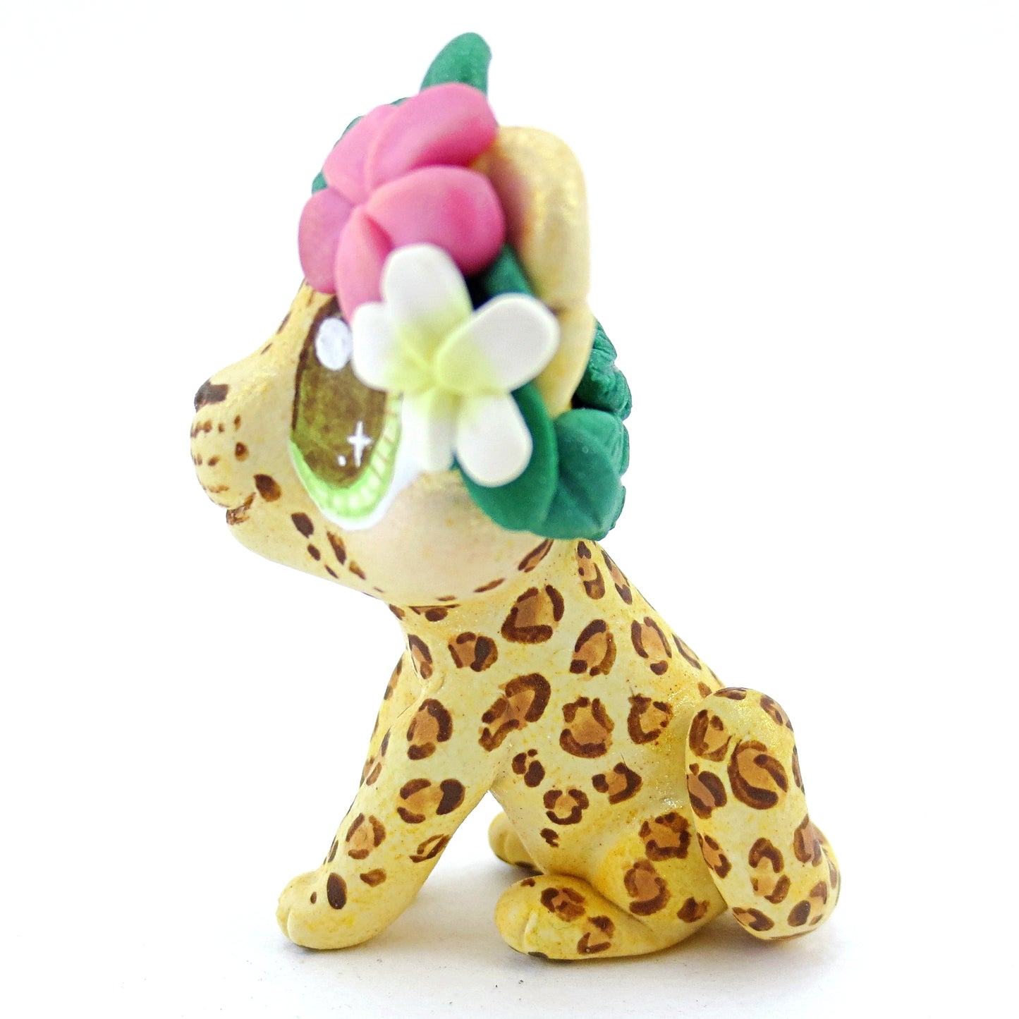 Flower Crown Leopard/Jaguar Figurine - Polymer Clay Tropical Animals