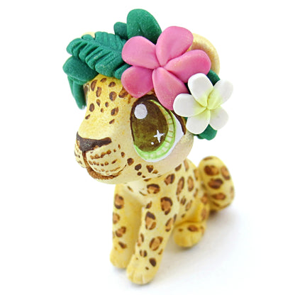 Flower Crown Leopard/Jaguar Figurine - Polymer Clay Tropical Animals