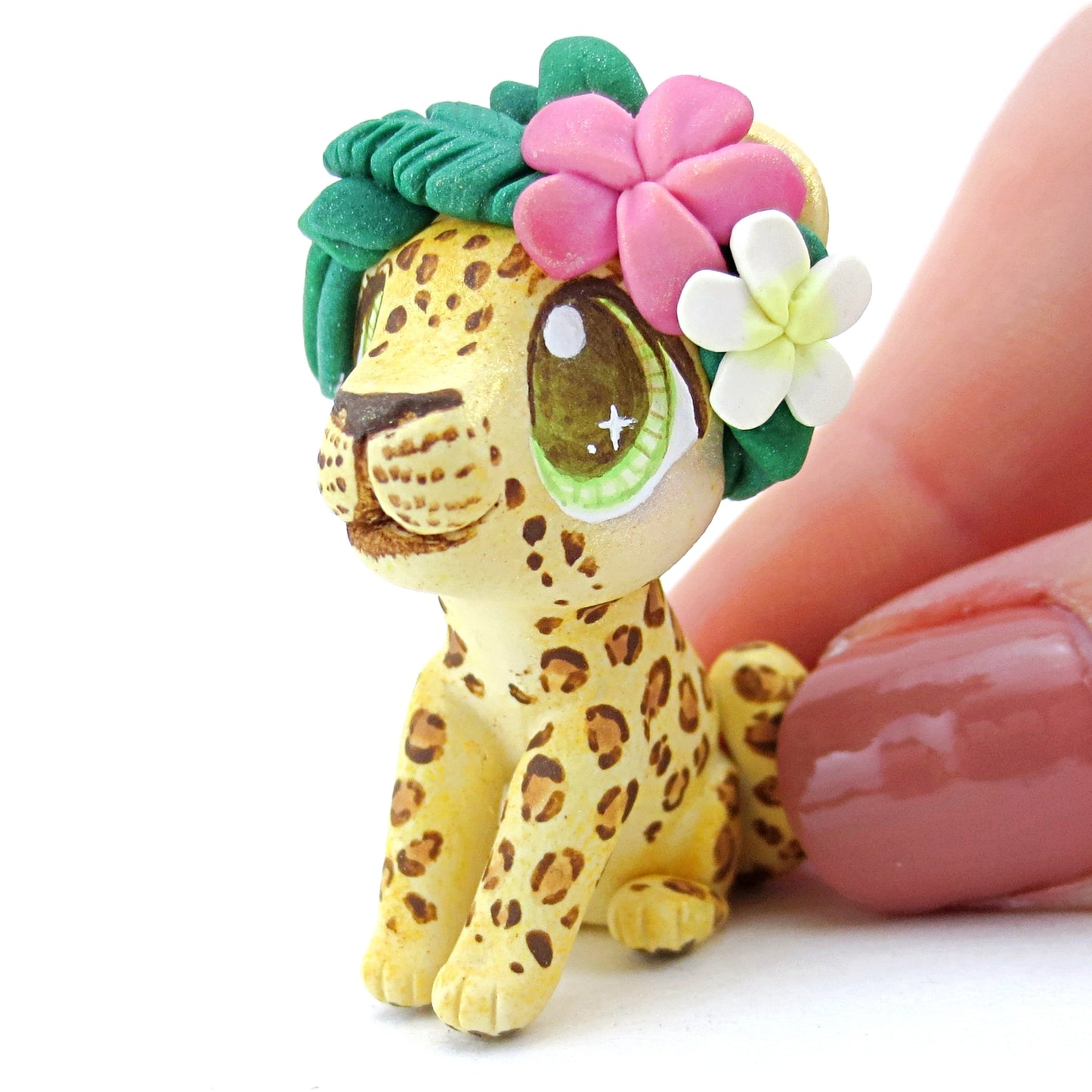 Flower Crown Leopard/Jaguar Figurine - Polymer Clay Tropical Animals