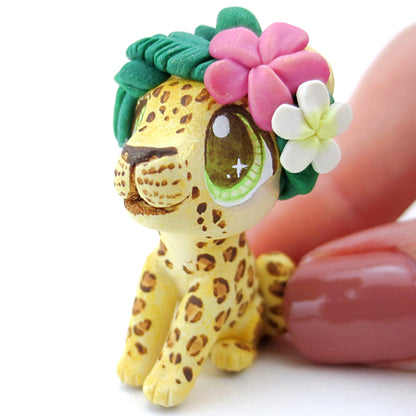 Flower Crown Leopard/Jaguar Figurine - Polymer Clay Tropical Animals