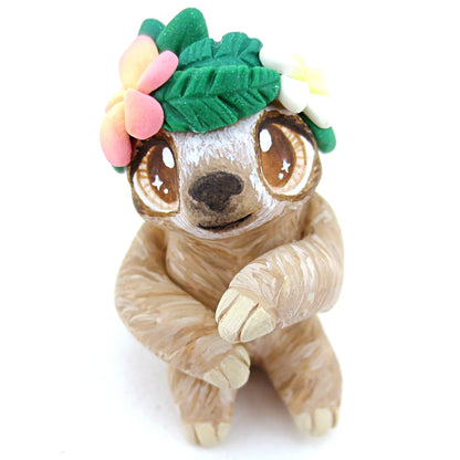 Flower Crown Sloth Figurine - Polymer Clay Tropical Animals