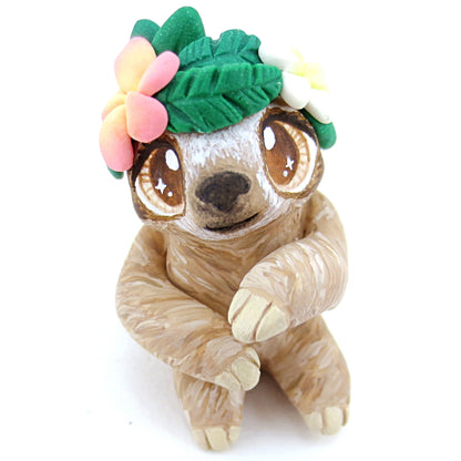 Flower Crown Sloth Figurine - Polymer Clay Tropical Animals