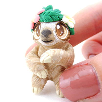 Flower Crown Sloth Figurine - Polymer Clay Tropical Animals