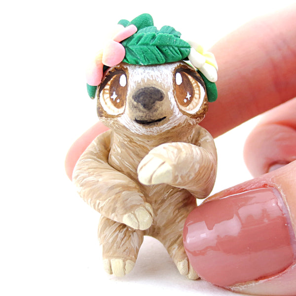 Flower Crown Sloth Figurine - Polymer Clay Tropical Animals