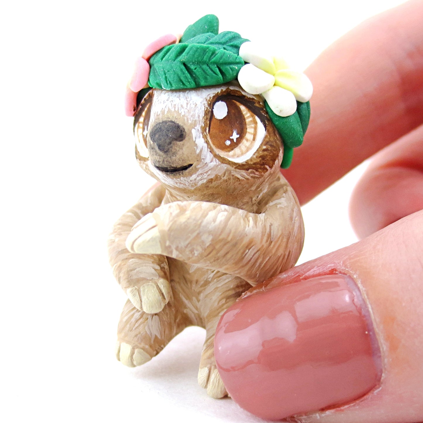 Flower Crown Sloth Figurine - Polymer Clay Tropical Animals