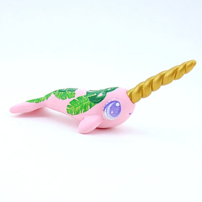 Tropical Leaves Narwhal Figurine - Polymer Clay Tropical Animals