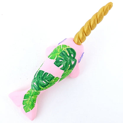 Tropical Leaves Narwhal Figurine - Polymer Clay Tropical Animals