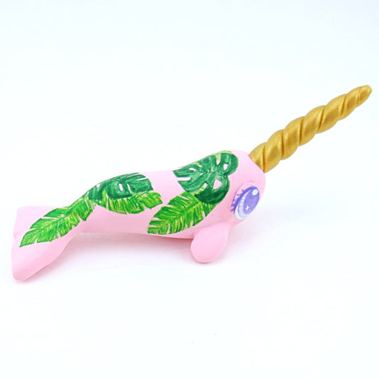 Tropical Leaves Narwhal Figurine - Polymer Clay Tropical Animals