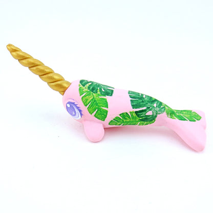 Tropical Leaves Narwhal Figurine - Polymer Clay Tropical Animals