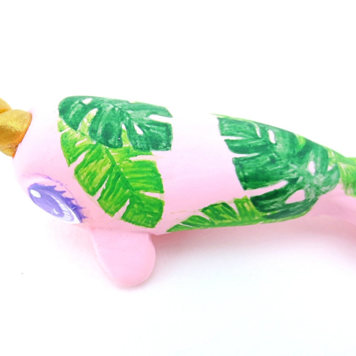 Tropical Leaves Narwhal Figurine - Polymer Clay Tropical Animals