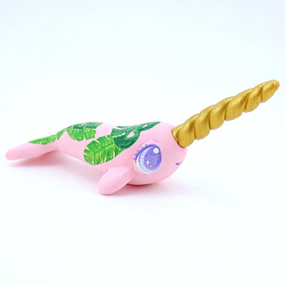 Tropical Leaves Narwhal Figurine - Polymer Clay Tropical Animals