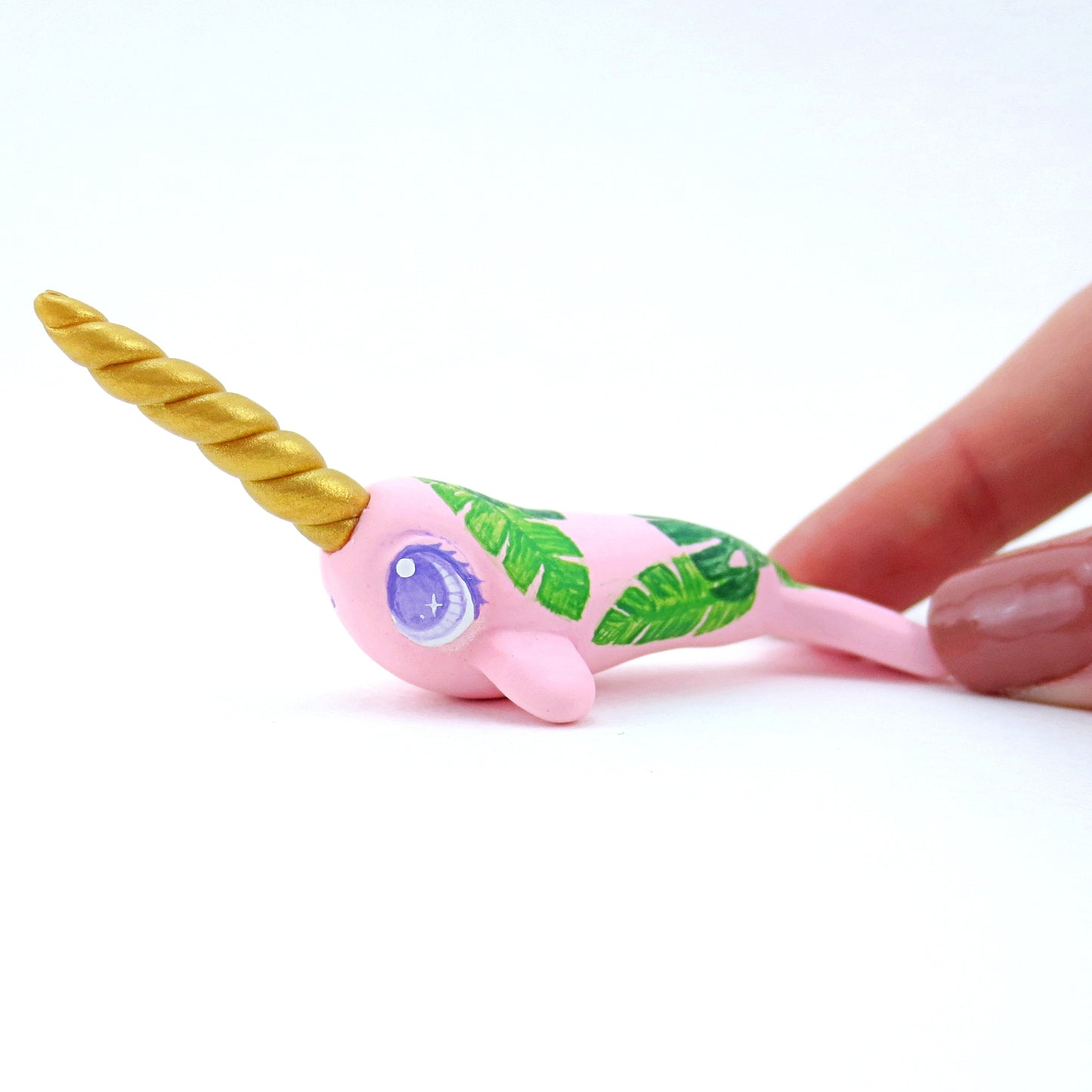 Tropical Leaves Narwhal Figurine - Polymer Clay Tropical Animals