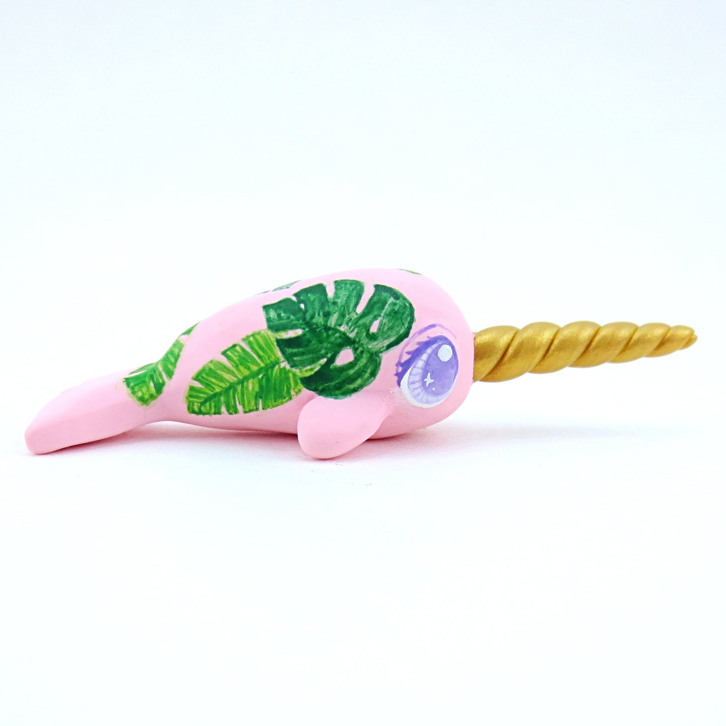 Baby Tropical Leaves Narwhal Figurine - Polymer Clay Tropical Animals