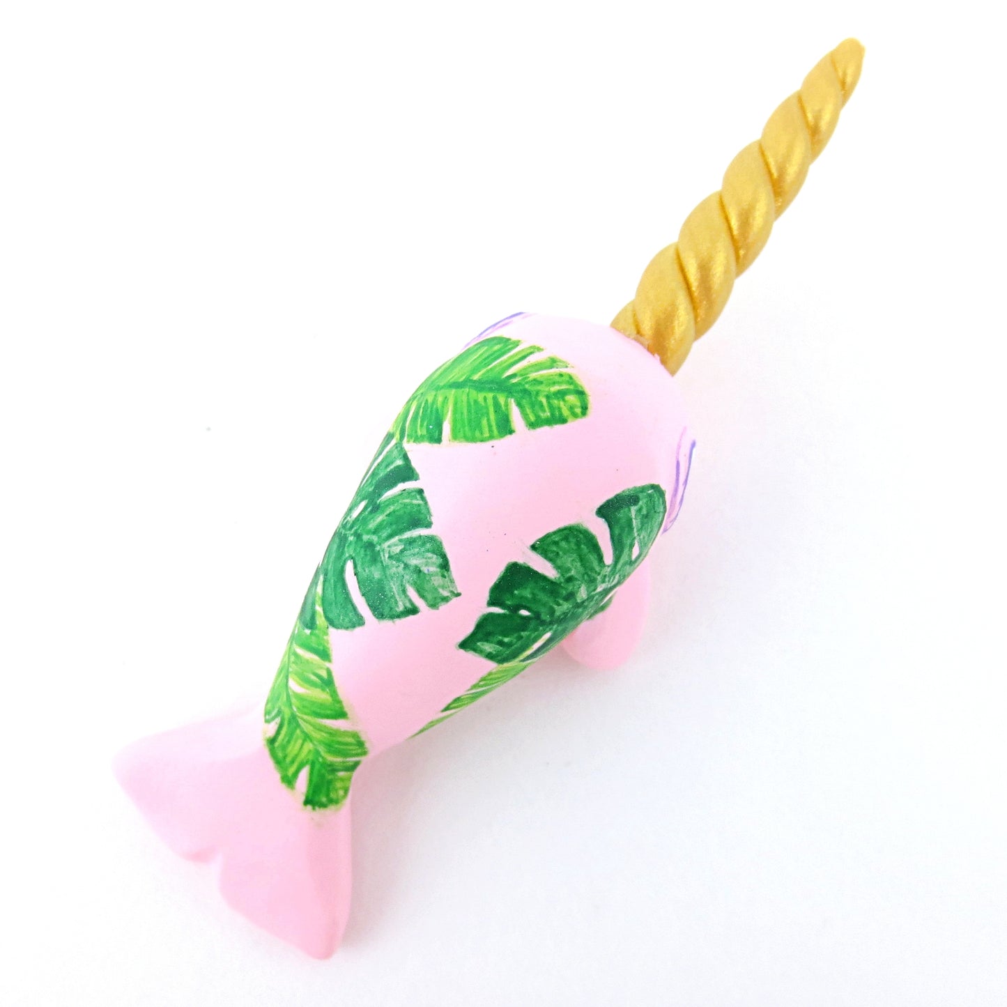 Baby Tropical Leaves Narwhal Figurine - Polymer Clay Tropical Animals