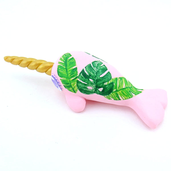 Baby Tropical Leaves Narwhal Figurine - Polymer Clay Tropical Animals