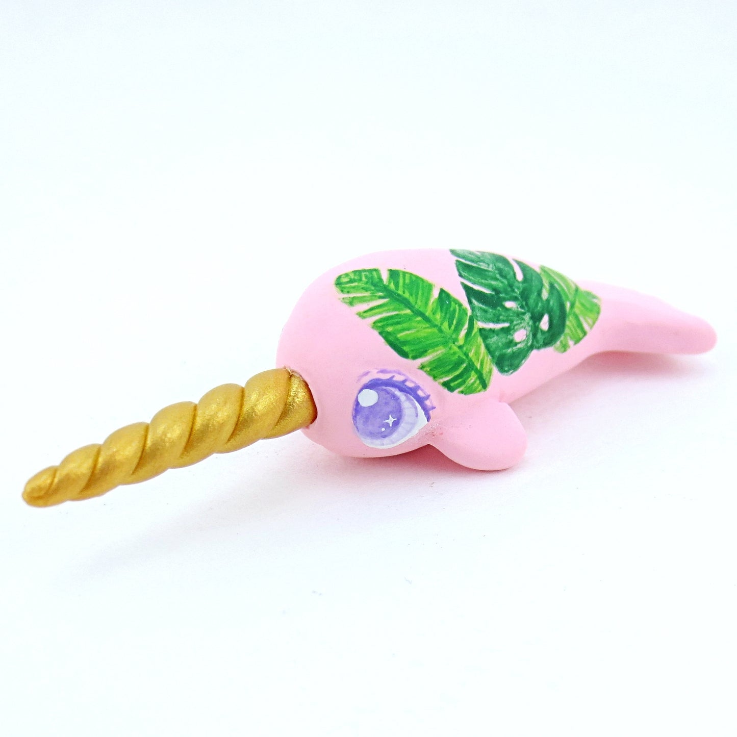 Baby Tropical Leaves Narwhal Figurine - Polymer Clay Tropical Animals