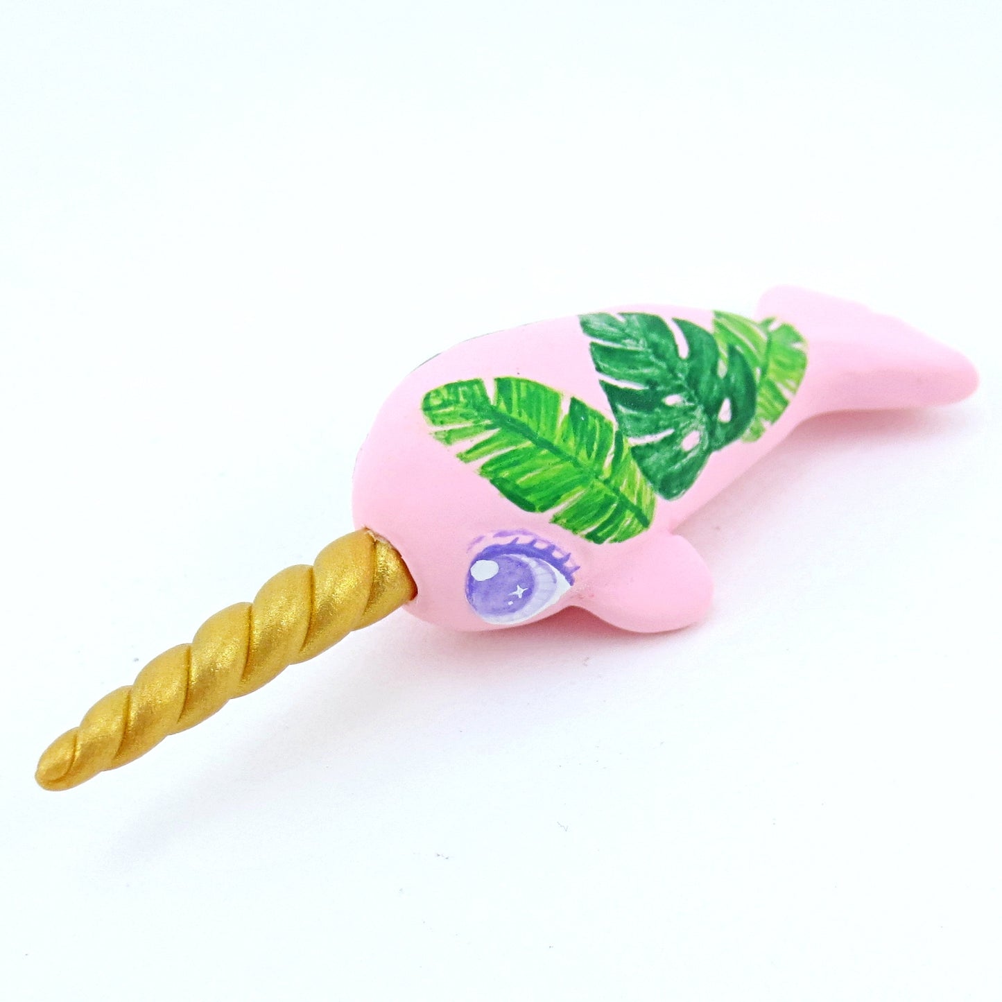 Baby Tropical Leaves Narwhal Figurine - Polymer Clay Tropical Animals