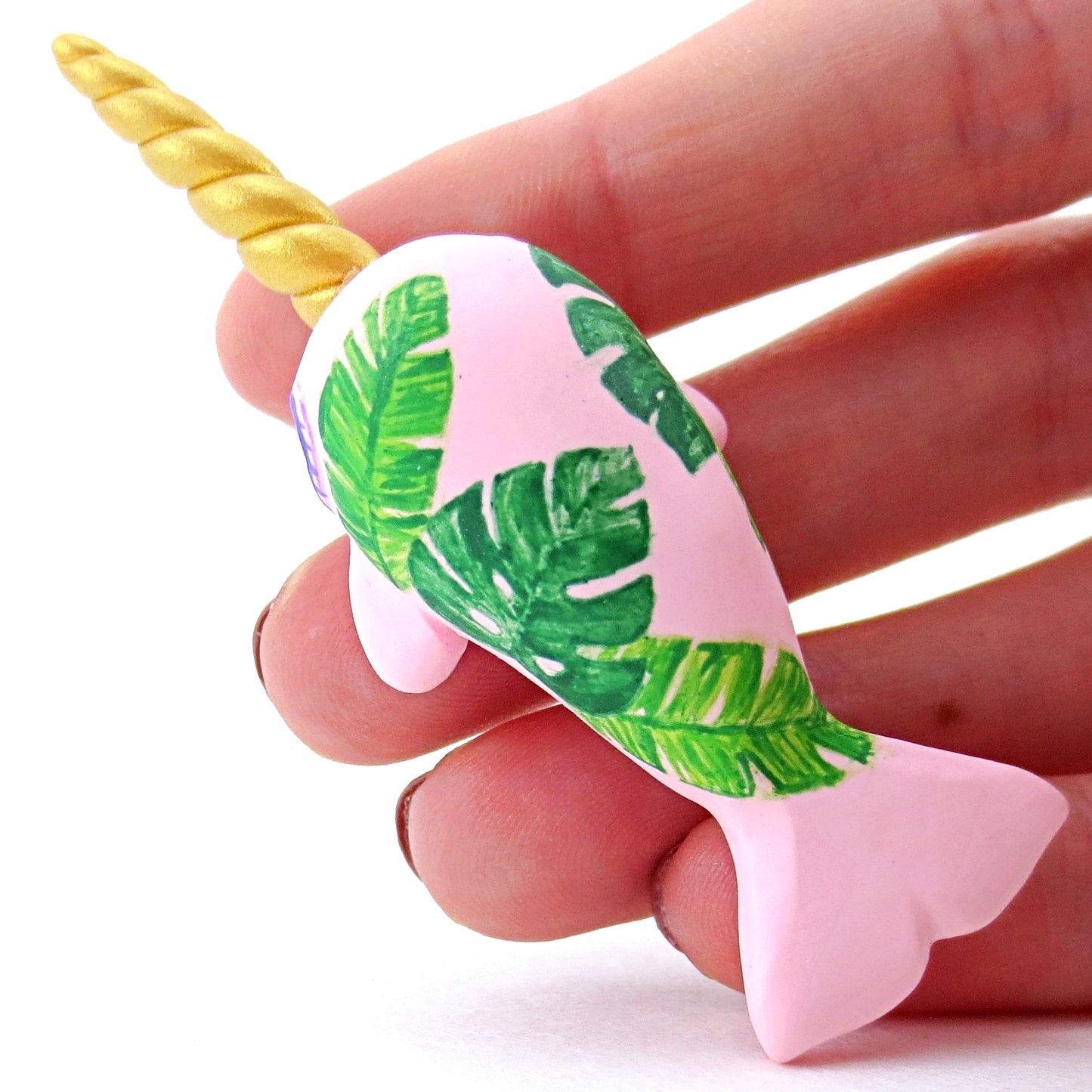 Baby Tropical Leaves Narwhal Figurine - Polymer Clay Tropical Animals