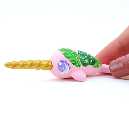 Baby Tropical Leaves Narwhal Figurine - Polymer Clay Tropical Animals