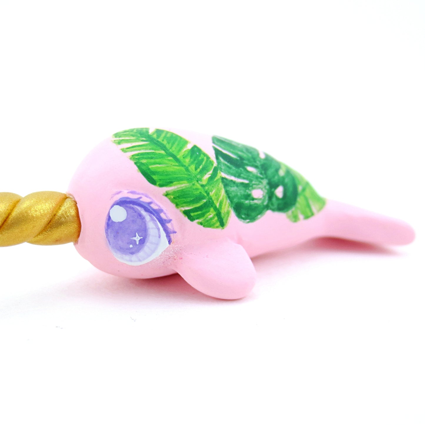 Baby Tropical Leaves Narwhal Figurine - Polymer Clay Tropical Animals