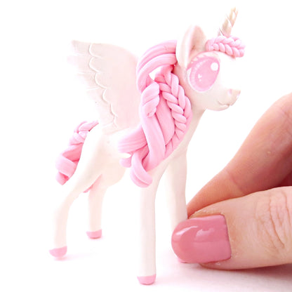 Pink and White Unicorn Pegasus Figurine - Polymer Clay Valentine Animals