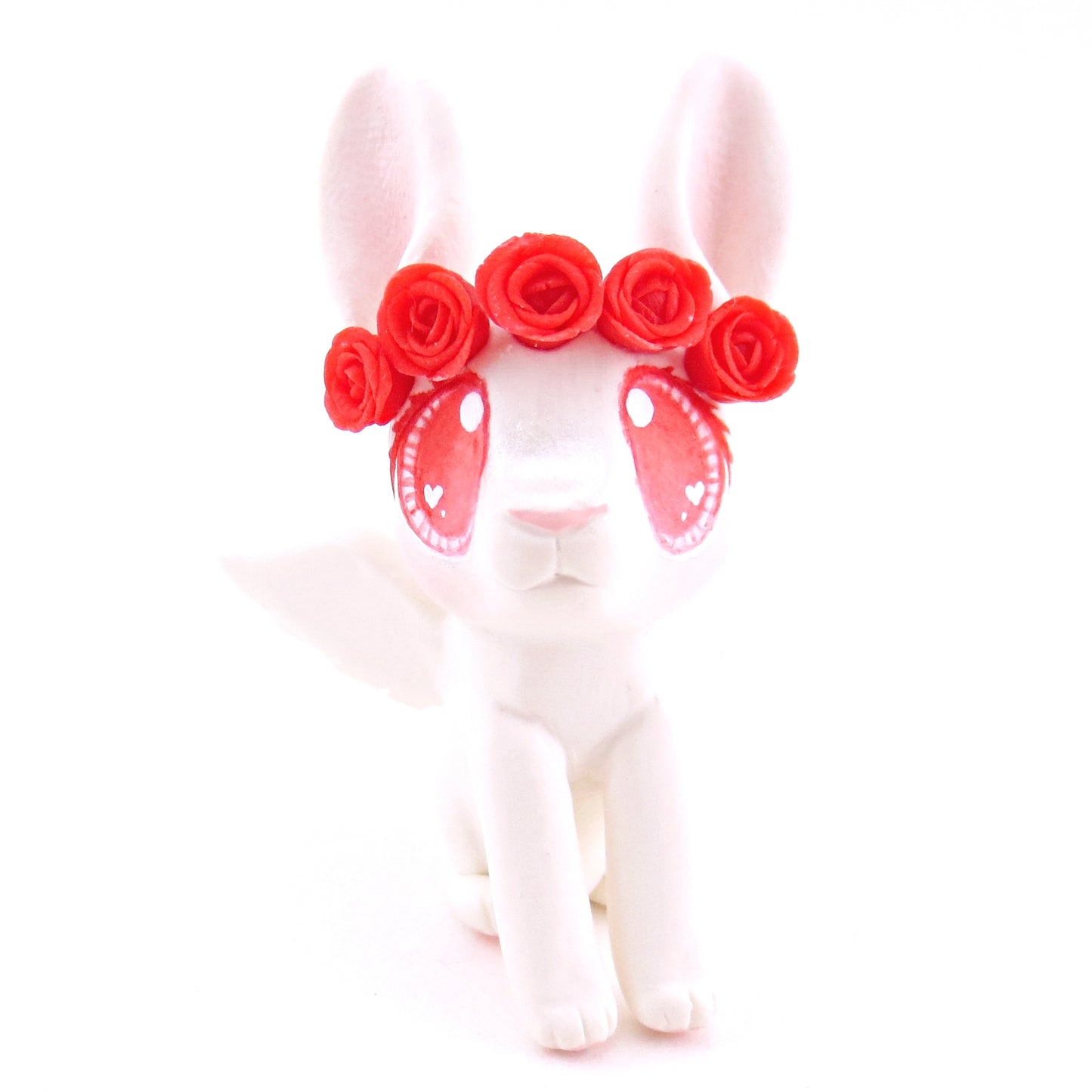 Cupid Bunny with Red Rose Crown Figurine - Polymer Clay Valentine Animals