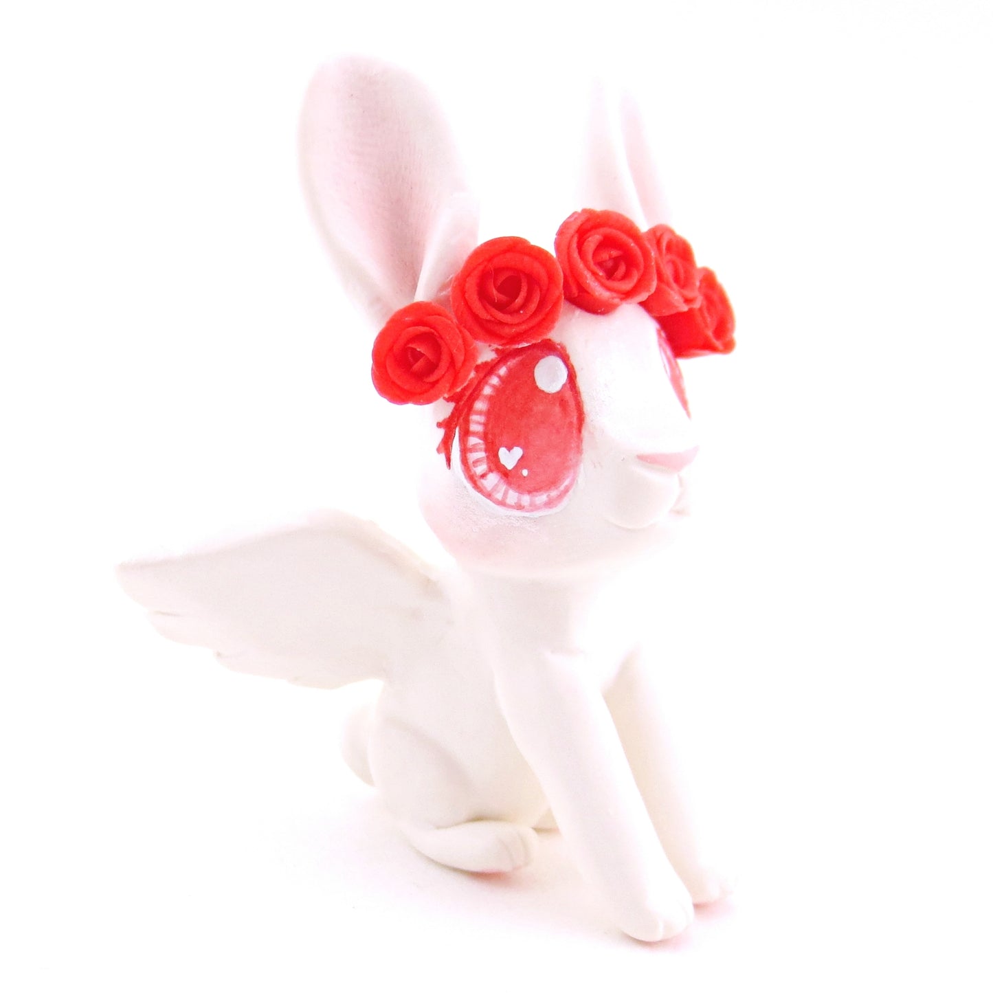 Cupid Bunny with Red Rose Crown Figurine - Polymer Clay Valentine Animals