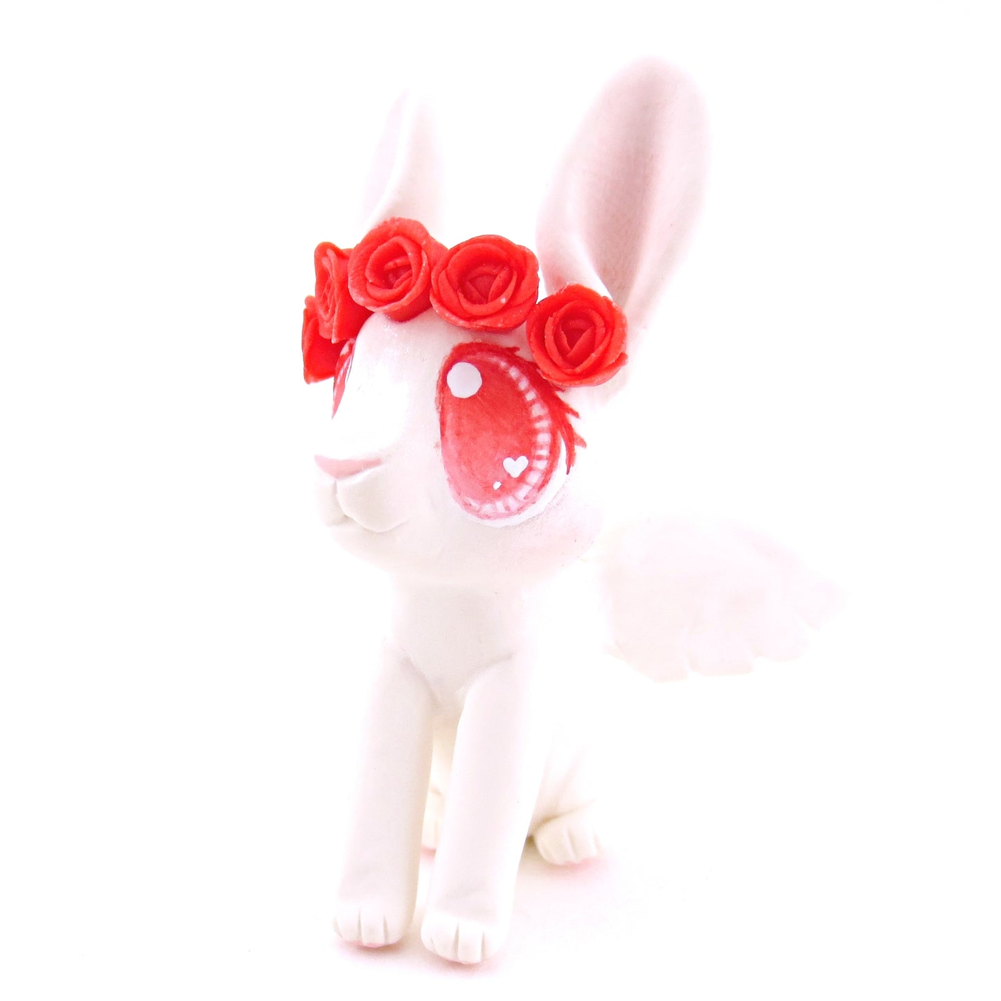 Cupid Bunny with Red Rose Crown Figurine - Polymer Clay Valentine Animals