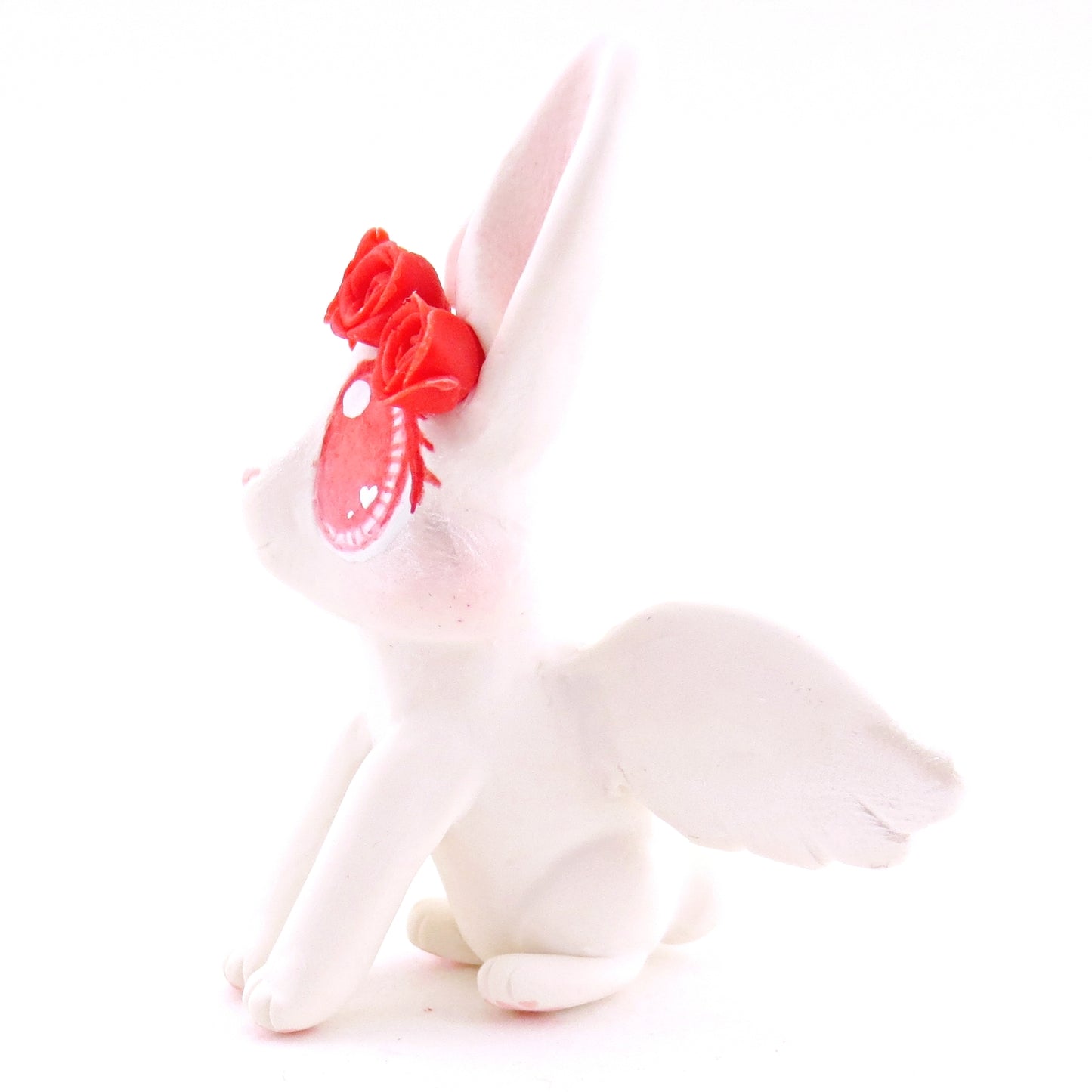 Cupid Bunny with Red Rose Crown Figurine - Polymer Clay Valentine Animals